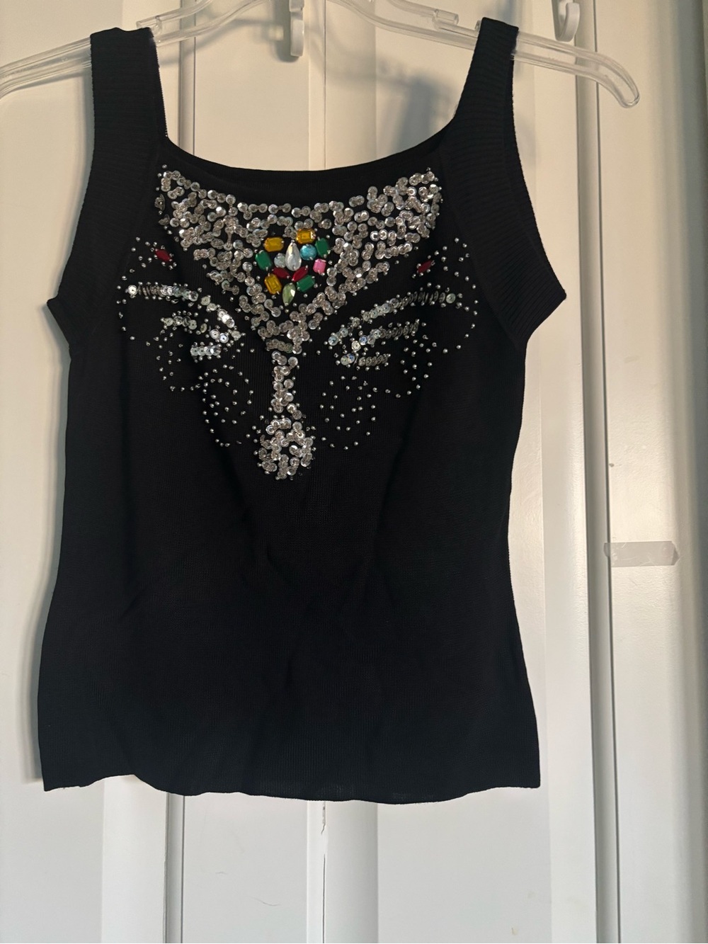 Black Embellished Tank Top with Multicolor Gems